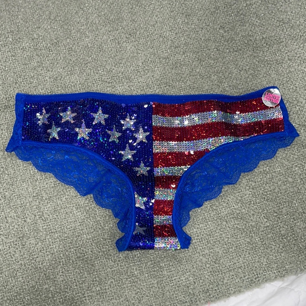 PINK Victoria's Secret American Flag Sequin Hipster/Cheeky Lace Back Panty